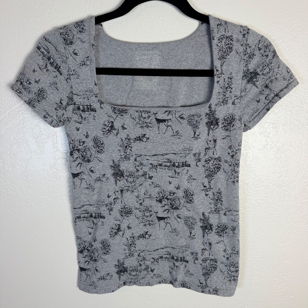 Intimately Free People Women's M/L Grey Toile Deer Print Square Neck Top